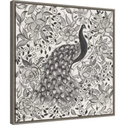 Amanti Art Miranda Thomas Peacock Garden III BW 22" x 22" Framed Canvas Wall Art - Gray Wash