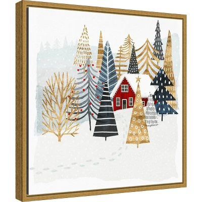 16" X 16" Christmas Chalet I Tree By Victoria Borges Framed Canvas Wall Art - Amanti Art