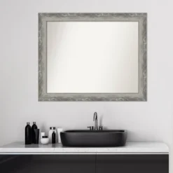 Amanti Art Waveline Silver Narrow Non-Beveled Bathroom Wall Mirror - 33" x 27" -Amanti Art Shop GUEST b9746f67 6cb5 4b10 8589 939ca5d9fcbf