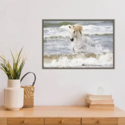 Amanti Art 23" x 16" Camargue Horse In The Surf Framed Canvas Wall Art -Amanti Art Shop GUEST dd17a5c4 67cf 490f 8b5d 1a7580da8da3